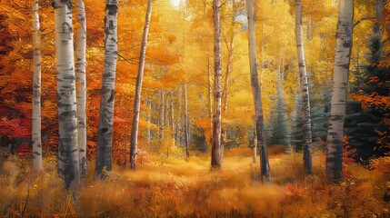 Fototapeta premium Autumn's vibrant embrace paints the forest in golden hues, where trees adorned in a kaleidoscope of colors create an enchanting spectacle.