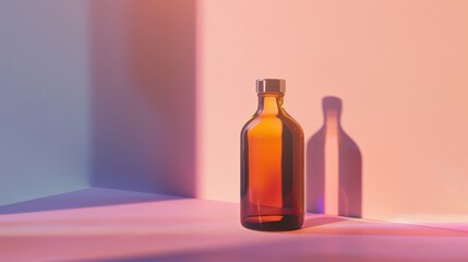 Fototapeta premium A small amber bottle illuminated by soft, diffused light, casting enchanting shadows that play across a softly tinted backdrop.