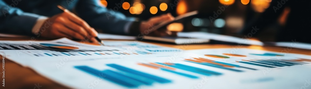 Poster business professional analyzing financial data and graphs at a cluttered desk with charts and report