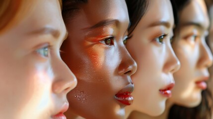 Fototapeta premium Close-up of five women's faces in profile, catching the warm light to emphasize their distinct features, expressions, and flawless skin.