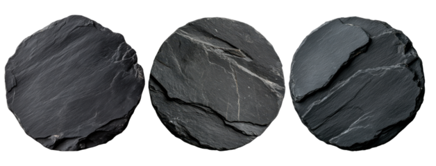 Set of elegant black slate stones in round shapes isolated on a white background.