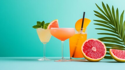 Refreshing Summer Cocktails with Grapefruit and Palm Leaf - Three vibrant cocktails with a grapefruit wedge and a palm leaf, symbolizing summer, refreshment, tropical flavors, and a celebratory mood.