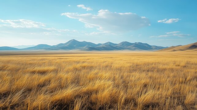 Kazakhstan steppe landscape in autumn. Parched grasses sway in the wind against a backdrop of distant mountains.