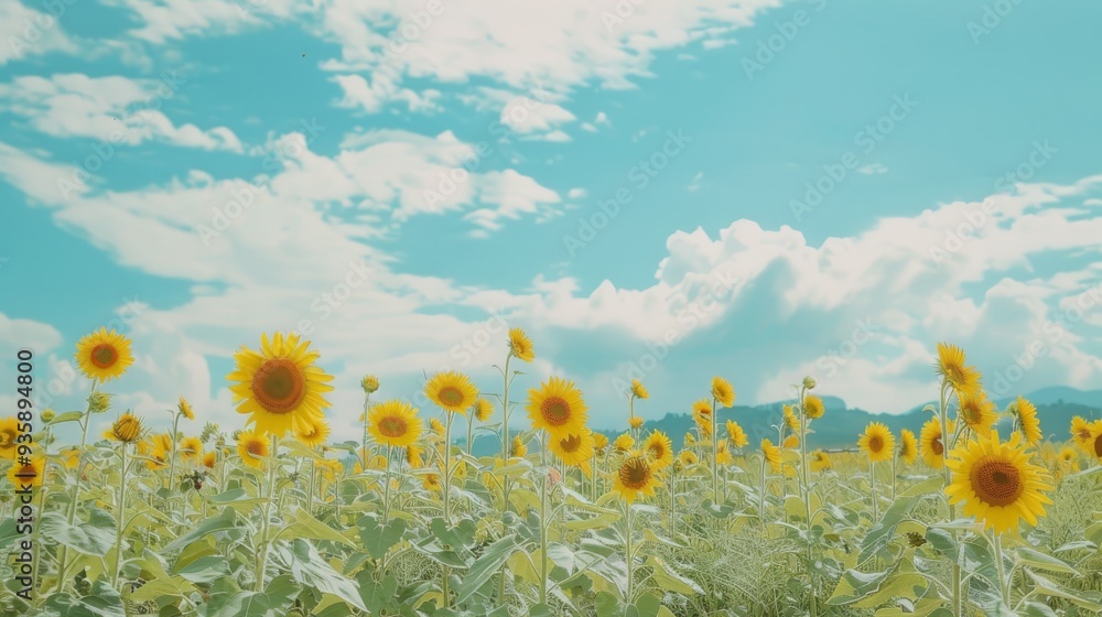 Poster A vast sunflower field under a bright blue sky with fluffy clouds, showcasing the vibrant yellow flowers in full bloom.