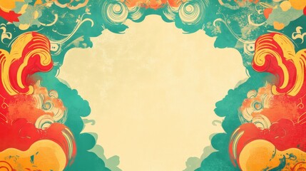 Fototapeta premium Colorful abstract retro background with vintage style swirls, waves, and blank center for text or graphic insert. Perfect for design projects.