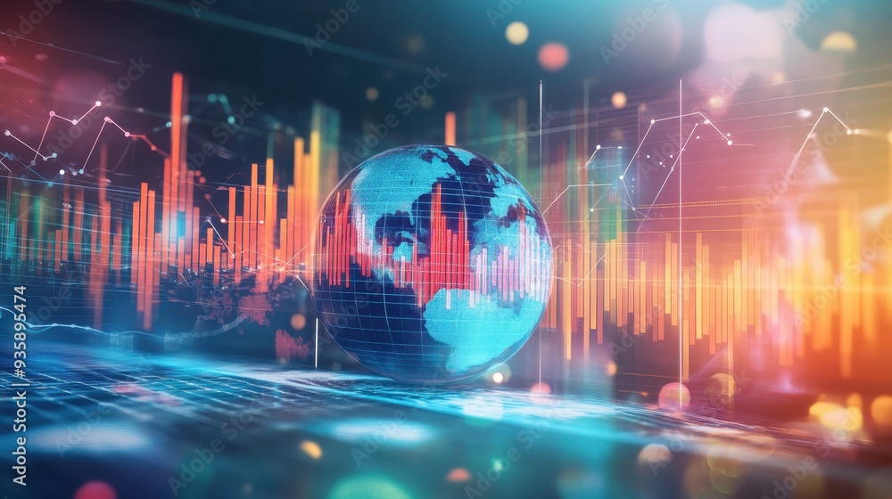 Poster colorful futuristic digital globe with financial charts representing global data and technology in a