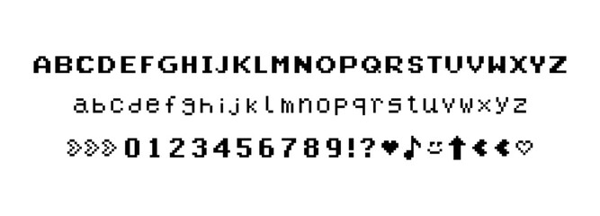 Font set in pixel art. Alphabet letters, symbols, signs, numbers, design elements. Mood of 90's aesthetics collection. 8-bit retro style vector typeface. Y2K style