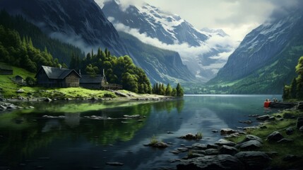 Fototapeta premium Beautiful landscape with lake and green meadows and hills with house. Neural network ai generated art