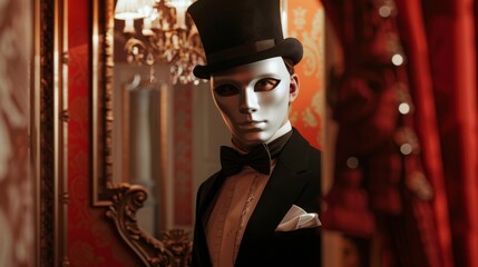 A mysterious figure in an elegant tuxedo and top hat adorned with a white mask, standing in a luxurious, ornately decorated room with a chandelier.