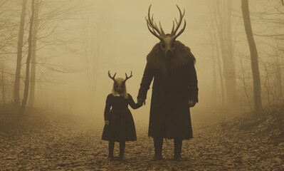 In a foggy forest, Little girl with horns standing beside deer-headed figure, in a foggy forest. Their eerie presence creating surreal and haunting image.