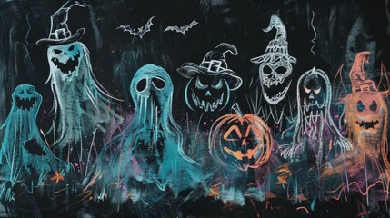 Spooky Halloween banner featuring ghostly figures and a pumpkin drawn in pastel chalk