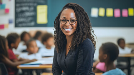Smiling African American female teacher in classroom with students and colorful sticky notes in background, Copy Space