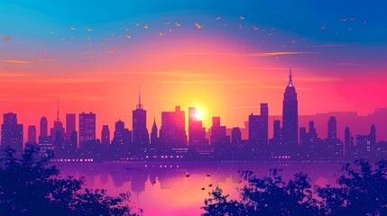 City Skyline at Sunset with Birds and Reflection