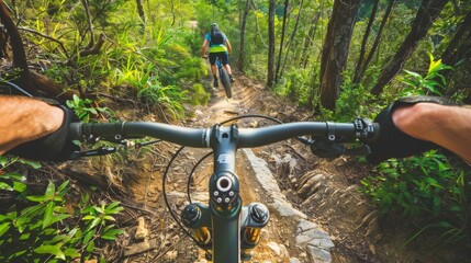 Perspective shot of mountain bikers riding through a scenic forest trail, highlighting adventure and nature's beauty.