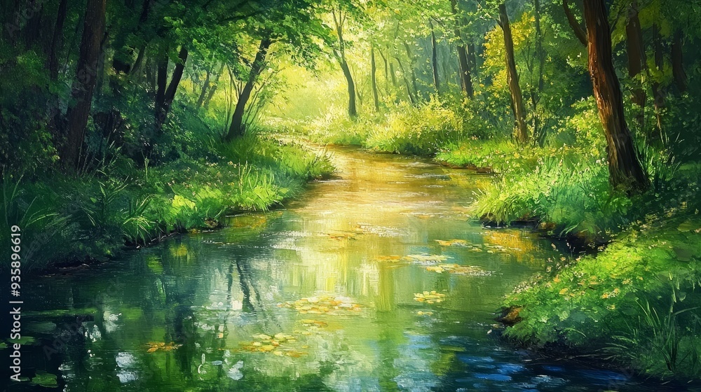 Poster Serene Forest Stream - Tranquil Nature Scene - A peaceful stream flows through a lush green forest, sunlight filtering through the trees, creating a serene atmosphere.  This image captures the beauty 