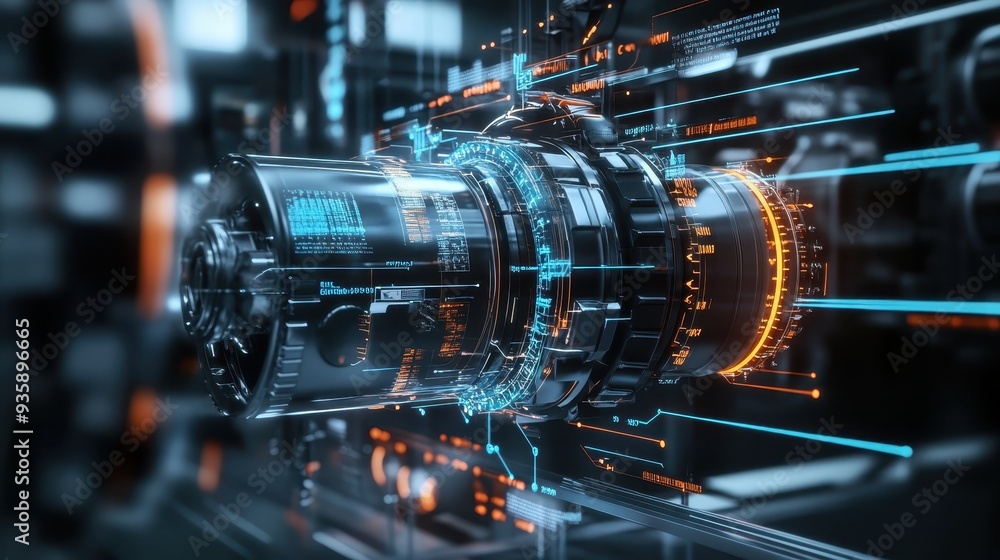 Poster digital representation of futuristic technology with intricate details and glowing elements in a hig