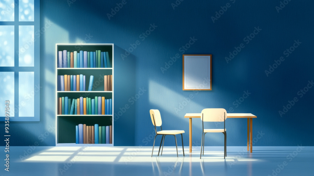 Poster serene study space with sunlight and bookshelf - a tranquil study space with natural light streaming