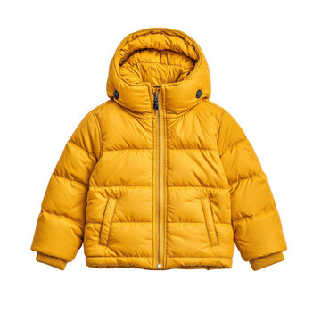 yellow puffer jacket featuring a hood isolated on a white background.
