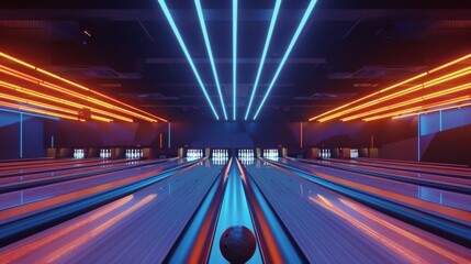 A dynamic bowling alley with vibrant neon lights and lanes, creating an exhilarating atmosphere for fun and entertainment.