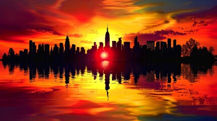 Obraz premium City Skyline Reflected in Calm Water at Sunset