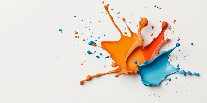 Color Burst: A vibrant splash of orange, blue, and red paint explodes across a pristine white background, capturing the chaotic beauty of creativity and artistic expression. 