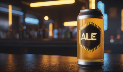 Naklejka premium A can of ale sits on a bar counter in a dimly lit bar