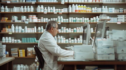 A pharmacist working intently at a computer in a pharmacy, surrounded by neatly organized shelves stocked with various pharmaceutical products.