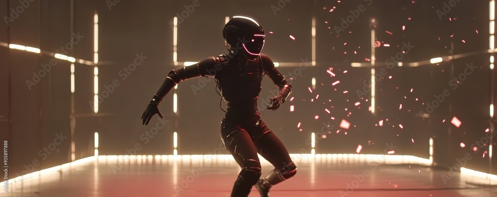 Poster futuristic athlete in high-tech suit performing dynamic movements in a sci-fi environment with glowi