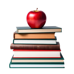 Stack of books with a red apple isolated on a transparent or white background.