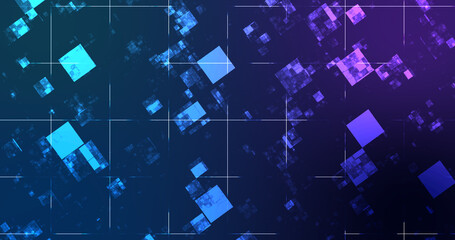 Square moving energy particles moving bg and exploding coding illusion galaxy universe flowing backdrop. Atom defocused electricity connection grid. Fantasy magic power render simple 3d spectrum.