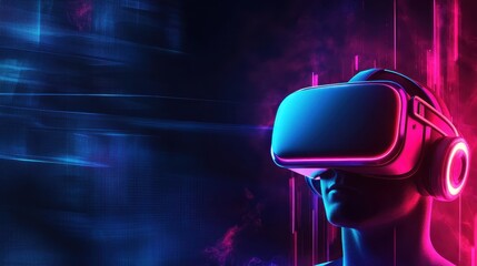 Futuristic man with virtual reality headset exploring a digital world surrounded by neon lights and technology in vibrant colors.