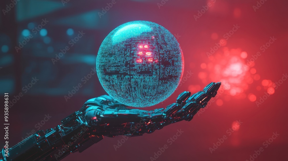 Poster futuristic robotic hand holding a glowing orb with digital code in a neon-lit environment. high-tech