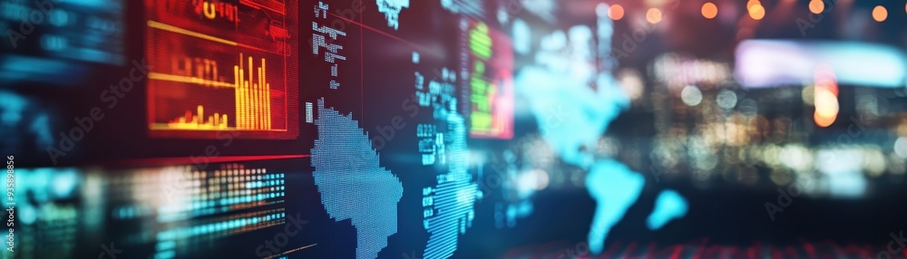 Poster global financial data visualization with stock market information on digital screens and blurred wor