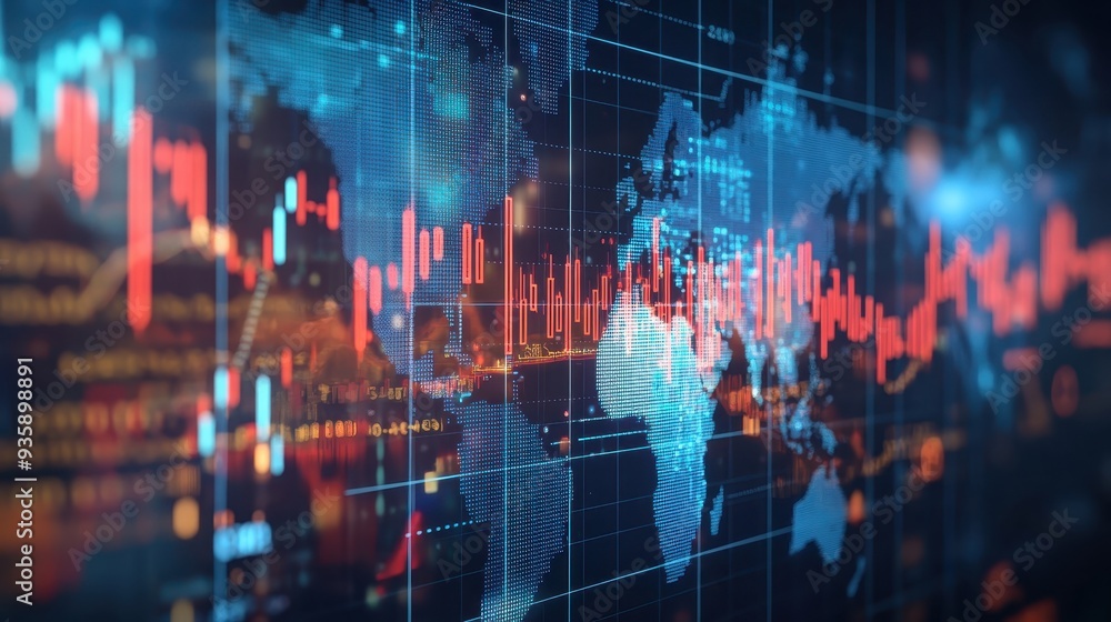 Poster global financial market analysis with data visualization graph overlay showing stock trends and econ