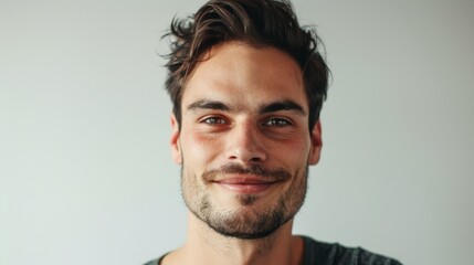 Fototapeta premium A young man with a confident smile and well-groomed appearance, standing against a simple background, ready to face the world.