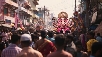 A grand Ganesh idol parades through a vibrant street filled with people in festive attire during the Ganesh Chaturthi celebration, capturing the essence of cultural devotion.
