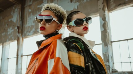 Obraz premium Two stylish individuals embody confidence and futuristic fashion, set against a weathered industrial backdrop with streaming light.