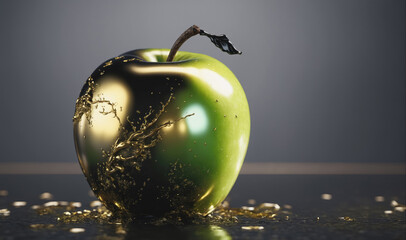 A green apple is coated in gold liquid, with the excess liquid dripping down the sides and onto the surface