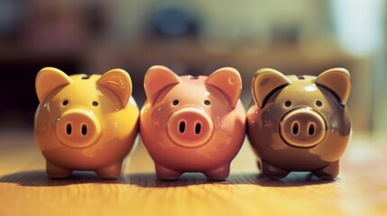 Three colorful piggy banks, each a different shade, line up on a wooden surface, evoking a sense of savings and financial planning.