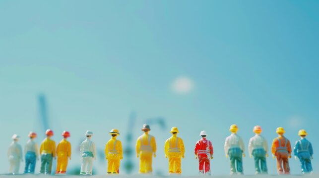 Miniature figurines representing construction workers stand in focus, against a bright blue sky, signifying unity and teamwork.