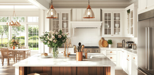 3D rendering of a farmhouse kitchen with white cabinets, a marble countertop, and copper lighting fixtures. Created with AI