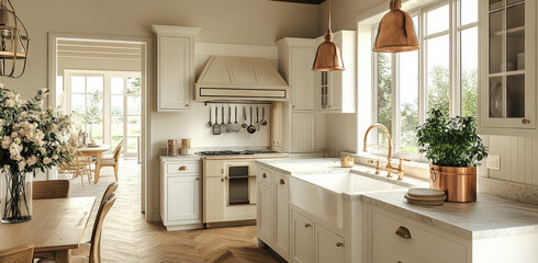 A photorealistic interior design of a kitchen in the French country style, with white cabinets and walls. Created with AI