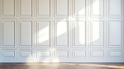 An empty room featuring a wooden staircase against a white wall adorned with decorative wainscoting, perfect for showcasing modern classic interior design ideas