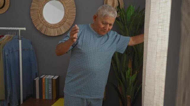 Middle-aged hispanic man in blue pajamas looks dizzy while standing indoors in an apartment living room, touching his head and supported by a wall beside books and a plant.