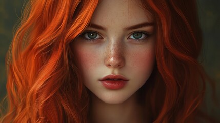 Obraz premium A young woman with captivating green eyes and curly red hair gazes directly at the viewer, highlighting her natural beauty and vibrant features.