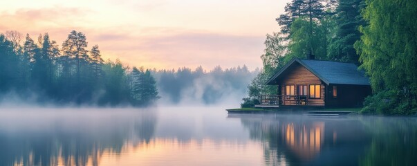 Fototapeta premium Scenic lake view with a cozy cabin surrounded by misty forest at sunrise, creating a tranquil and peaceful atmosphere.