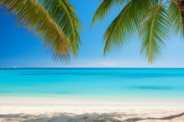 An illustration of a beautiful landscape. Beach with palm trees overlooking blue lagoon beach in Maldives or other lakshari islands. Concept of a perfect vacation far away from tourists.