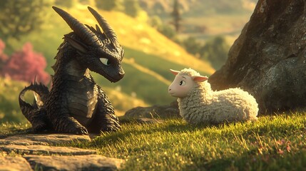 Dragon and Sheep Encounter in a Lush Meadow