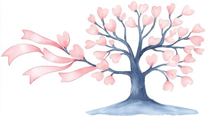Obraz premium A beautiful watercolor tree with heart-shaped leaves and flowing ribbons, symbolizing love and nature's elegance.