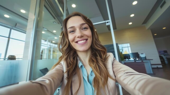 A young woman with a friendly smile takes a selfie in a contemporary office, capturing a casual and joyful moment at work.